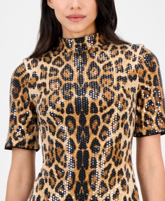 Women's Sequined Animal-Print Short-Sleeve Bodycon Dress