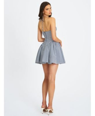 Women Melody Navy Blue Railroad Stripe Halter Drop Waist Mini Dress