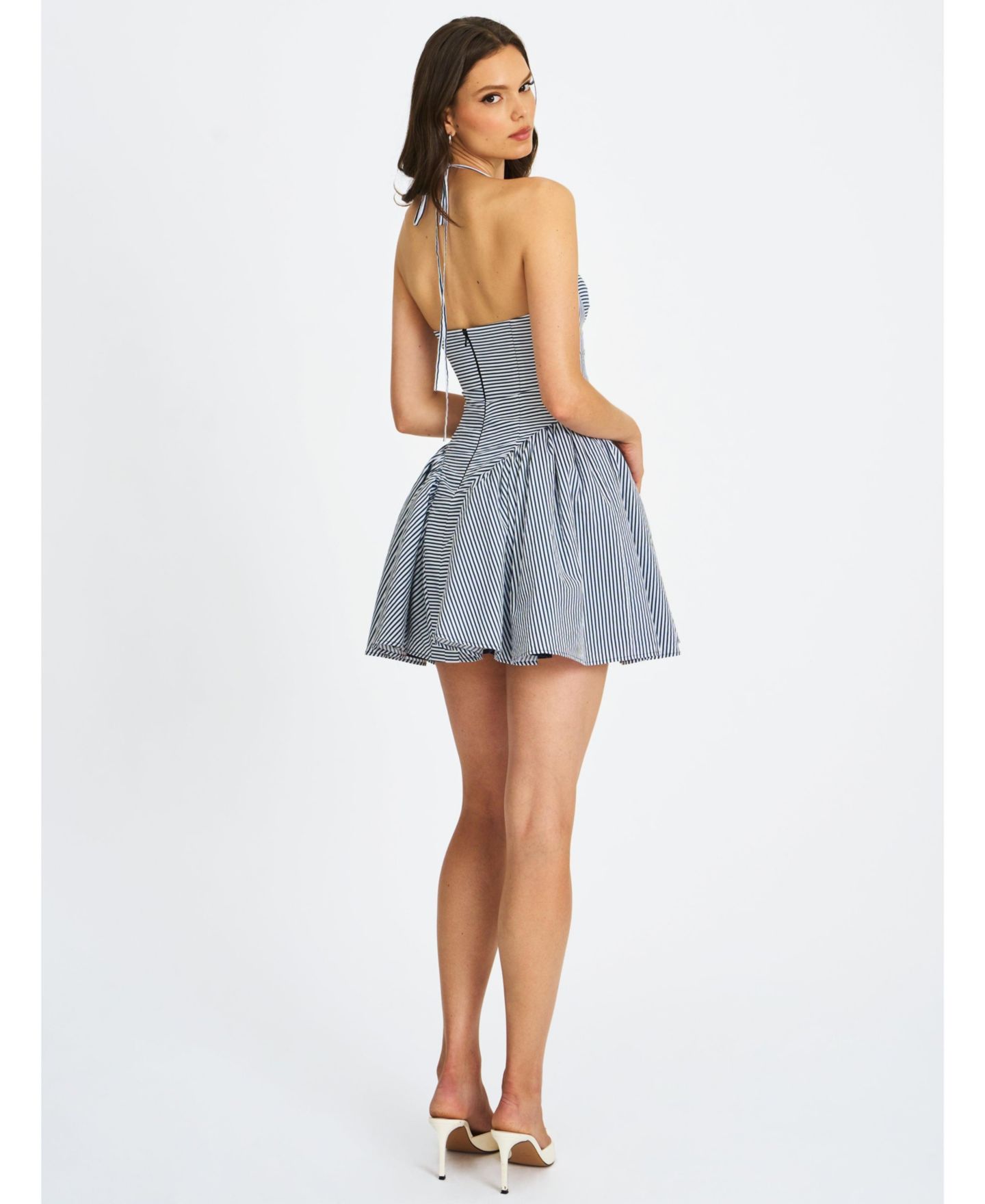 Женское платье Miss Circle Women Melody Navy Blue Railroad Stripe Halter Drop Waist Mini, цвет: Тёмно-синий белый полосатый — фото 9