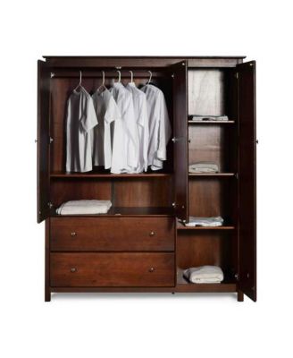 Wood Finish Bedroom Wardrobe Armoire Cabinet with Shelves and Hanging Rod