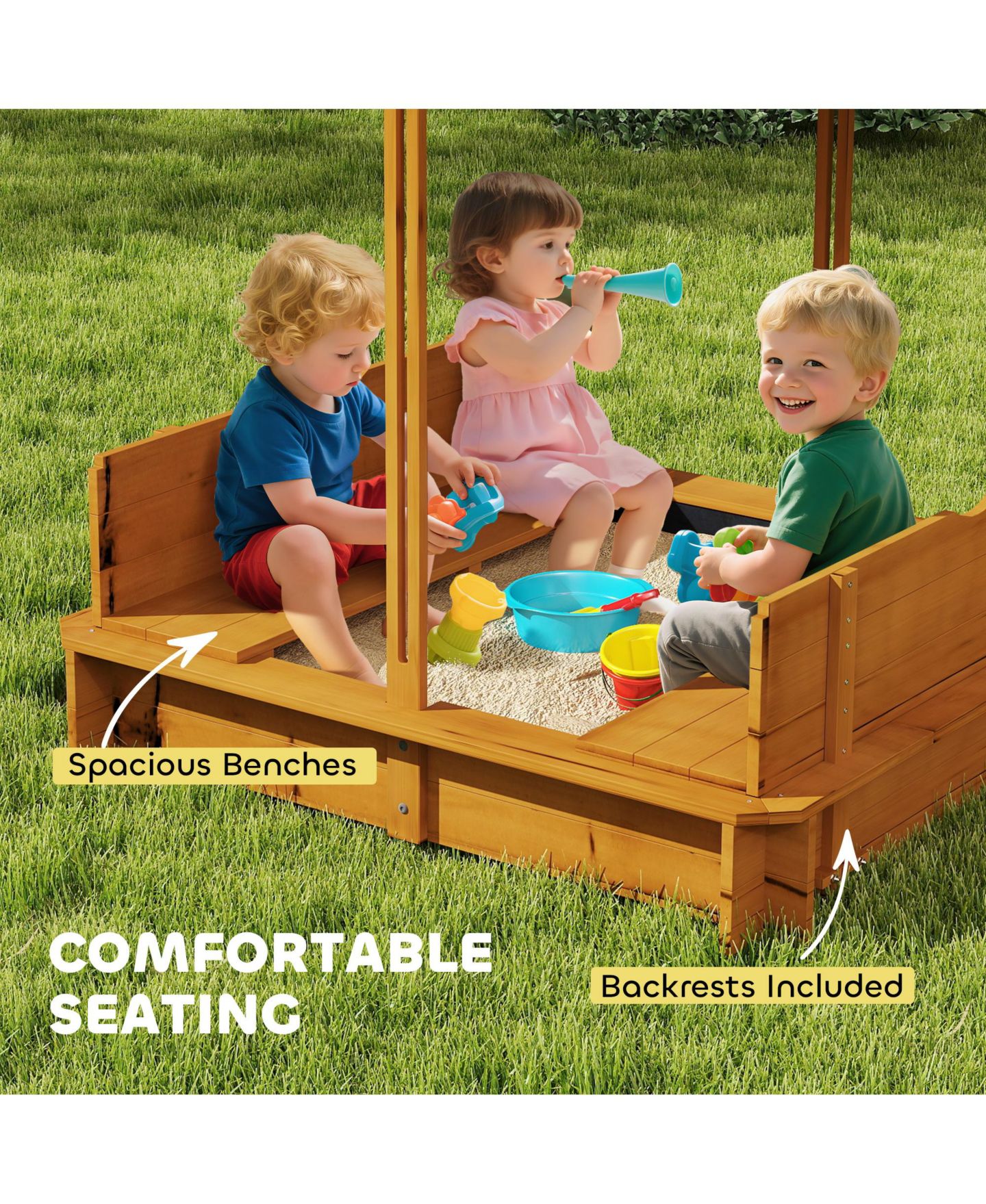 Детская игрушка Outsunny Cove Wooden Sandbox with Adjustable Canopy & Lid, Ages 3-7, цвет: Коричневый — фото 7