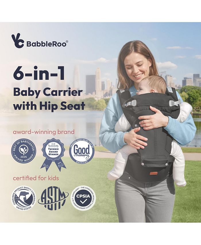BabbleRoo Kids Carrier 6 in 1 Carrier with Hip Seat, Comfy & Adjustable Kangaroo Rose - Black