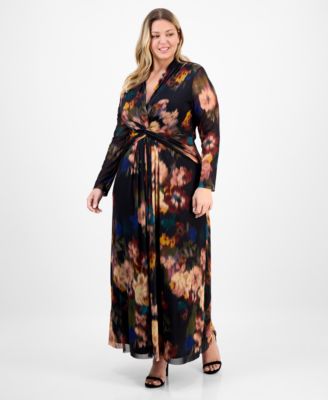 Anne Klein - Plus Size Long-Sleeve Twist-Front Mesh Maxi Dress