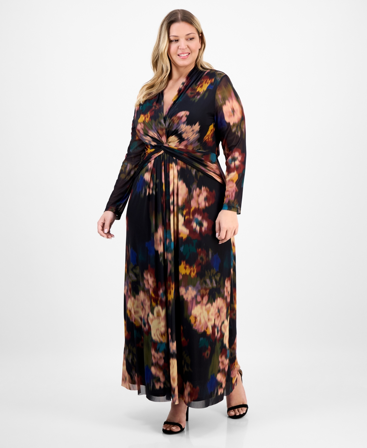Anne Klein Plus Long-Sleeve Twist-Front Mesh Maxi Dress