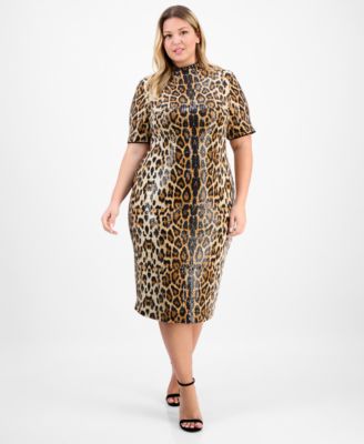 Anne Klein - Plus Size Cap-Sleeve Animal-Print Sequin Bodycon Dress