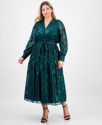 Anne Klein - Plus Size Floral Jacquard Blouson-Sleeve Midi Dress