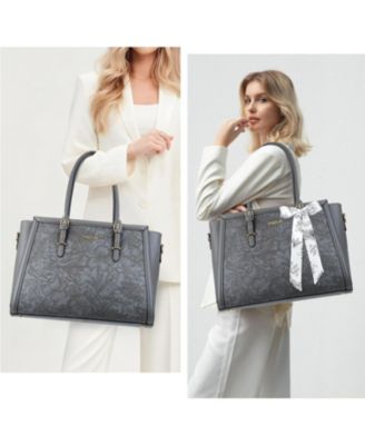 Gray 17-17.3 Inch PU Leather Laptop Tote Bag for Women - Compatible with MacBook, HP, Dell, Asus - Retro Hibiscus Embossed Computer Bag