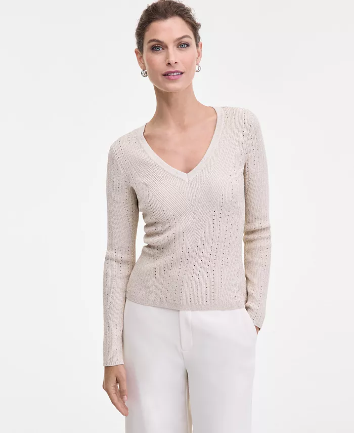 Women's Metallic-Knit V-Neck Sweater - thumbnail 7