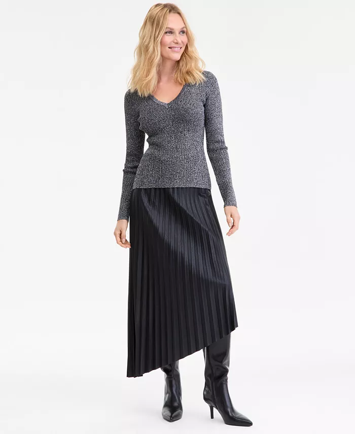 Women's Metallic-Knit V-Neck Sweater - thumbnail 4