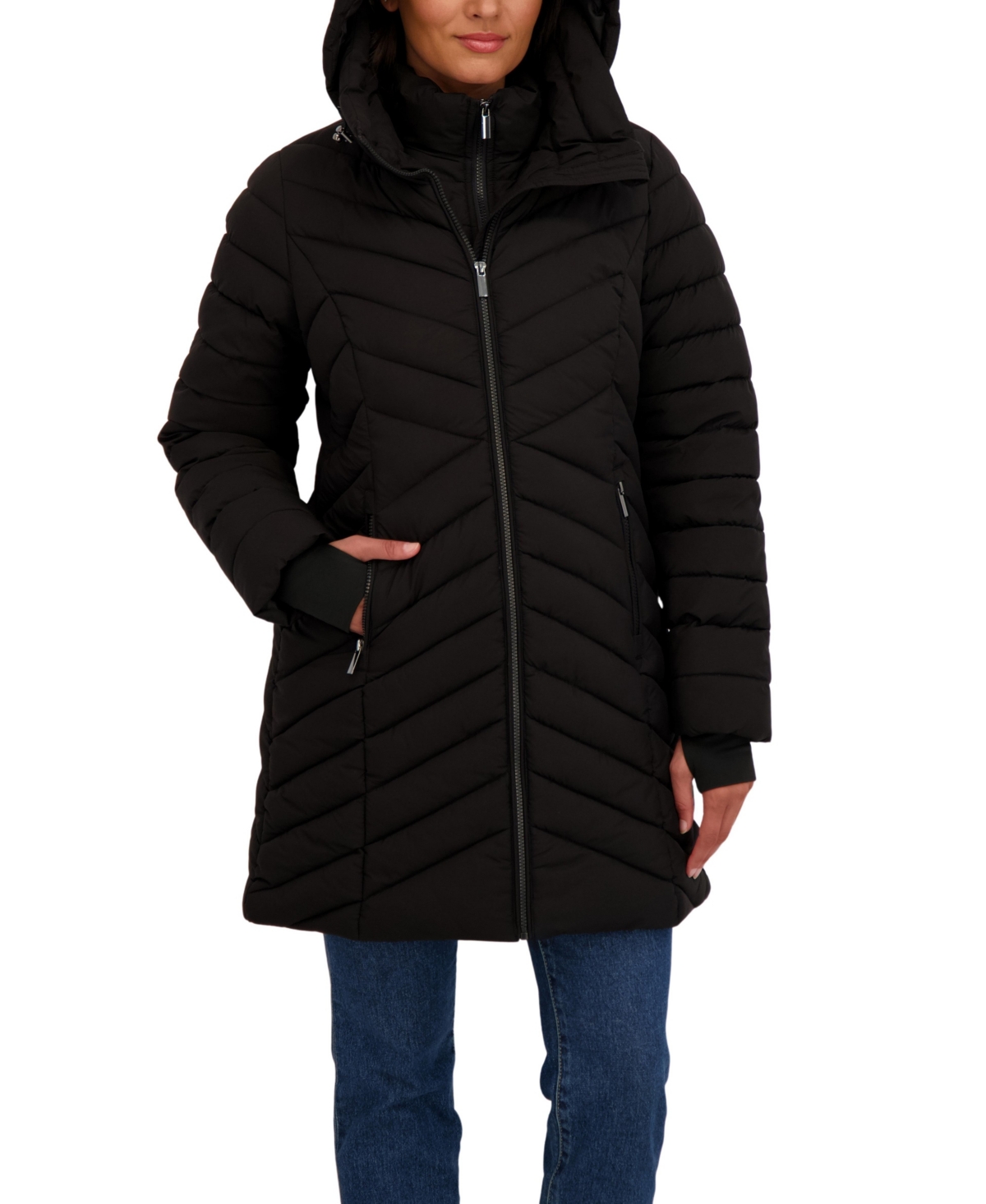 Sebby Collection Women's 3/4 Hooded Stretch Puffer with Bib