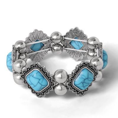 Turquoise and Silver Stretch Bracelet with Western Motif