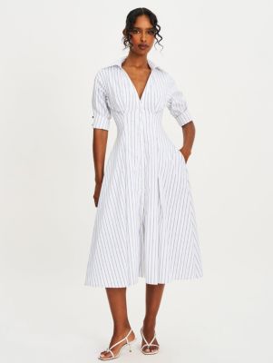 Women's Palina Pinstripes Cotton Poplin Pleated Midi Preppy Shirt Dress