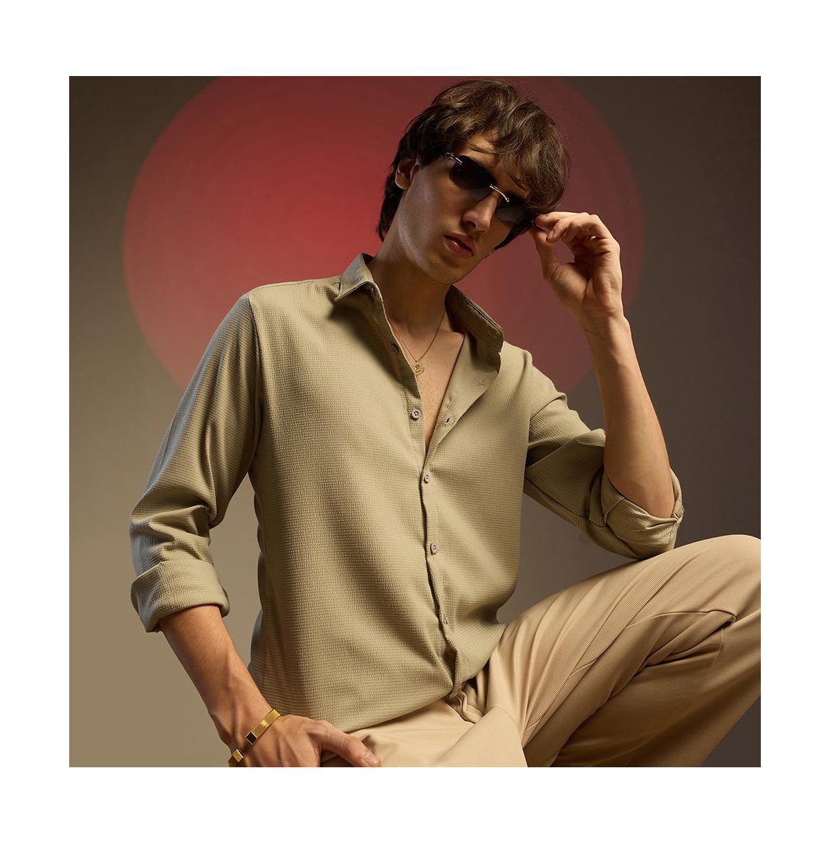 Campus Sutra Solid Seersucker Shirt