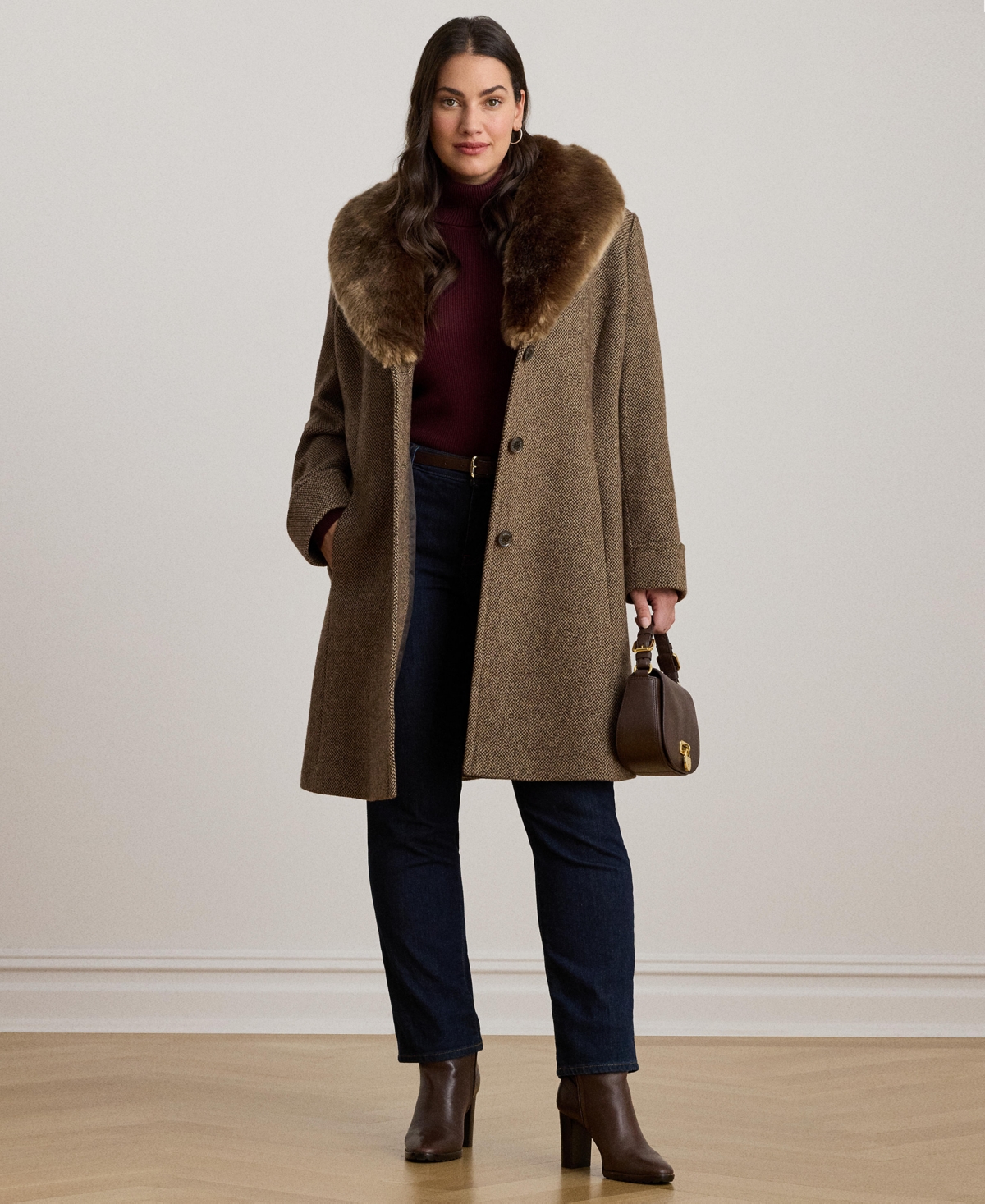 Ralph Lauren Plus Size Faux-fur-collar Coat In Brown