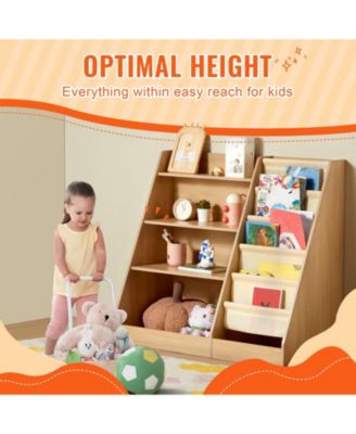4-Tier Wooden Kids Bookshelf with 6-Layer Sling Rack for Books and Toy Storage
