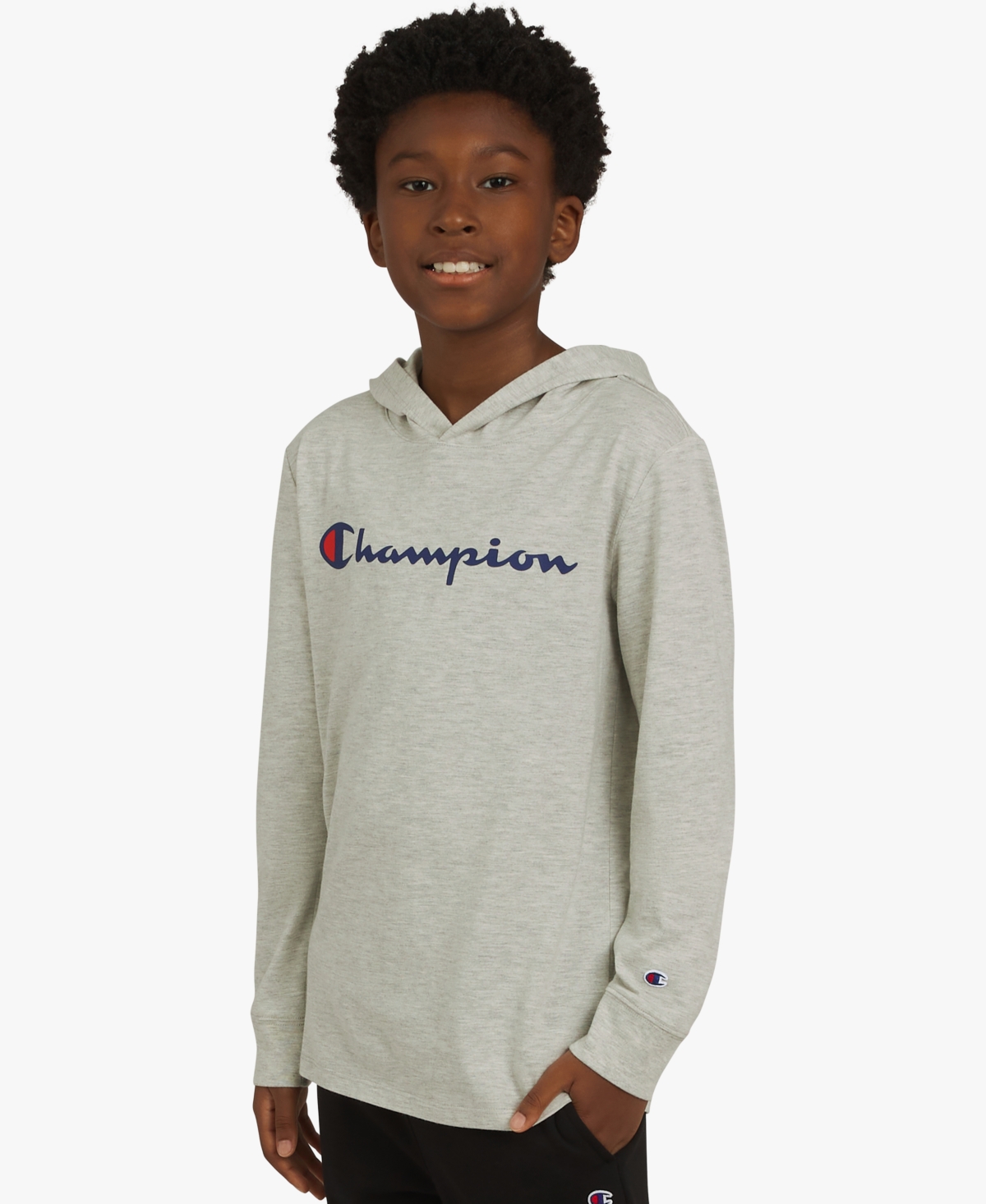 Champion Big Boys Signature Logo Long-sleeve Hooded T-shirt In Gray