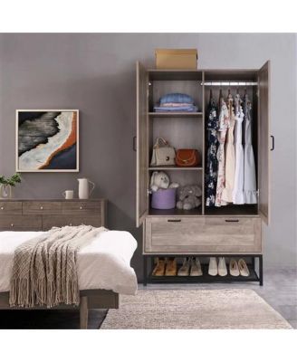 Modern 2-Door Wardrobe Cabinet with Shoe Rack for Bedroom Storage and Organization