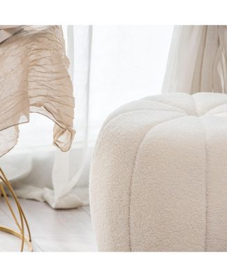 - White Boucl&eacute; with Stripes Pouf Vintage Style Upholstery Living Room