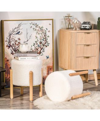 - White Boucle Pouf Vintage Style Upholstery Living Room