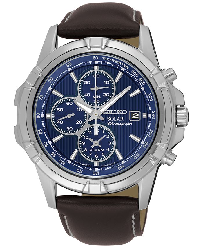 Seiko men's solar chronograph silvertone watch with blue dial on sale