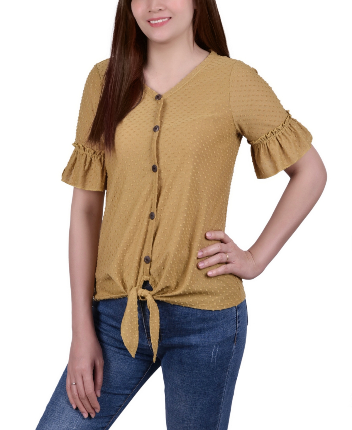 Ny Collection Petite Short Sleeve Tie Waist Swiss Dot Top In Gold