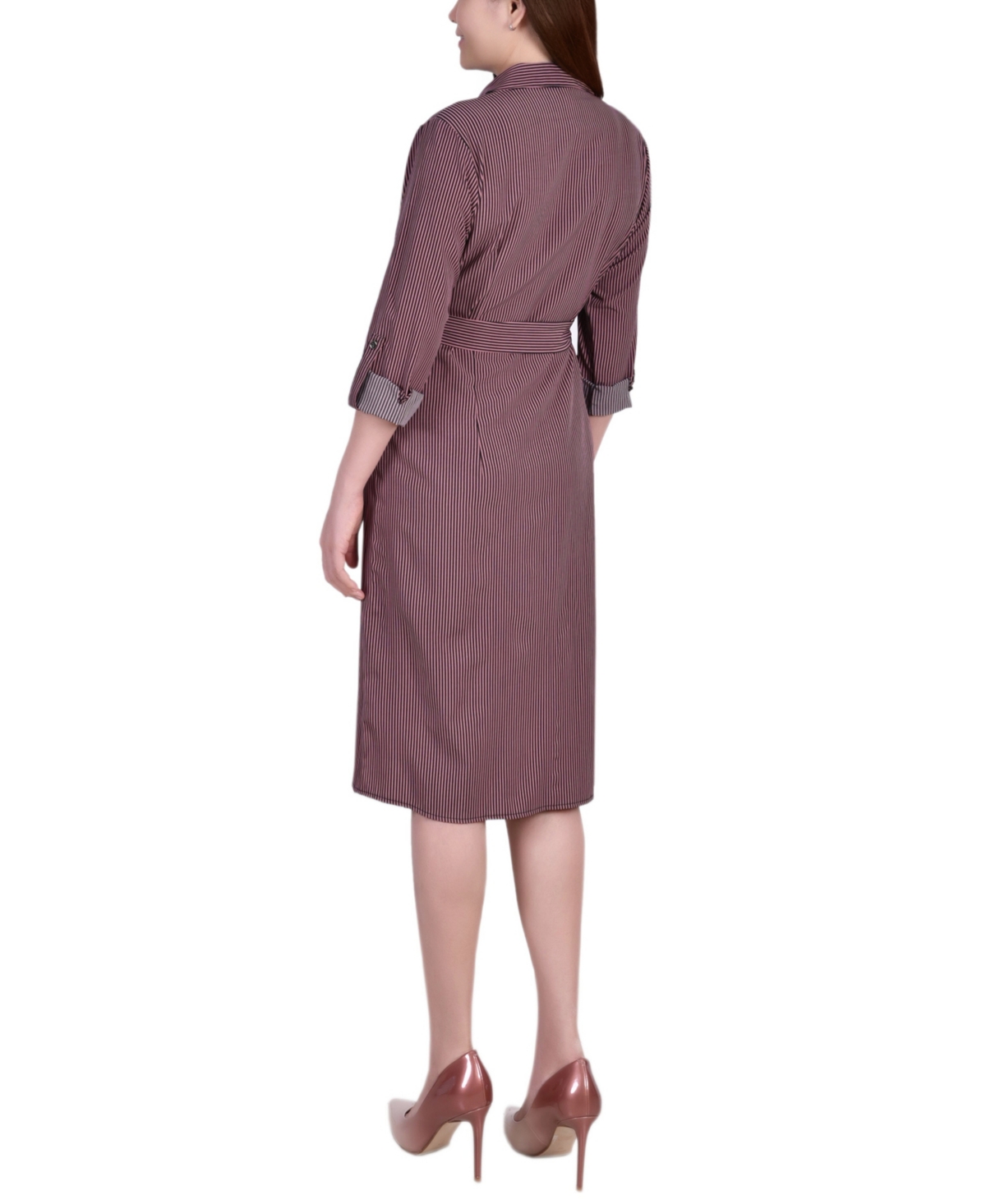 Ny Collection Petite Geometric Printed Long Sleeve Roll Tab Shirtdress In Brown