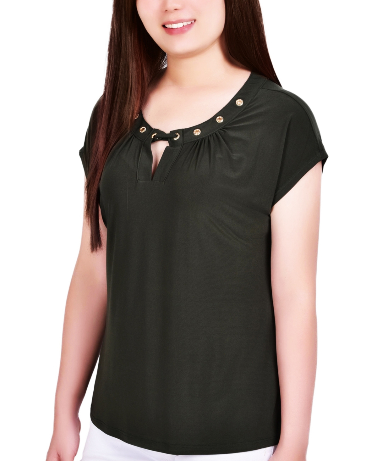 Ny Collection Petite Short Extended-sleeve Grommet Neck Knit Top In Black