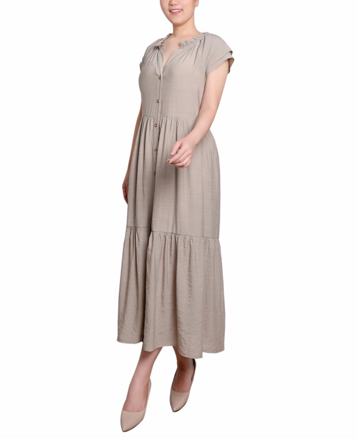 Ny Collection Petite Short Sleeve Midi Slubbed Dress In Neutral