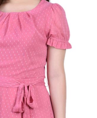 Petite Short Sleeve Belted Swiss Dot Dress