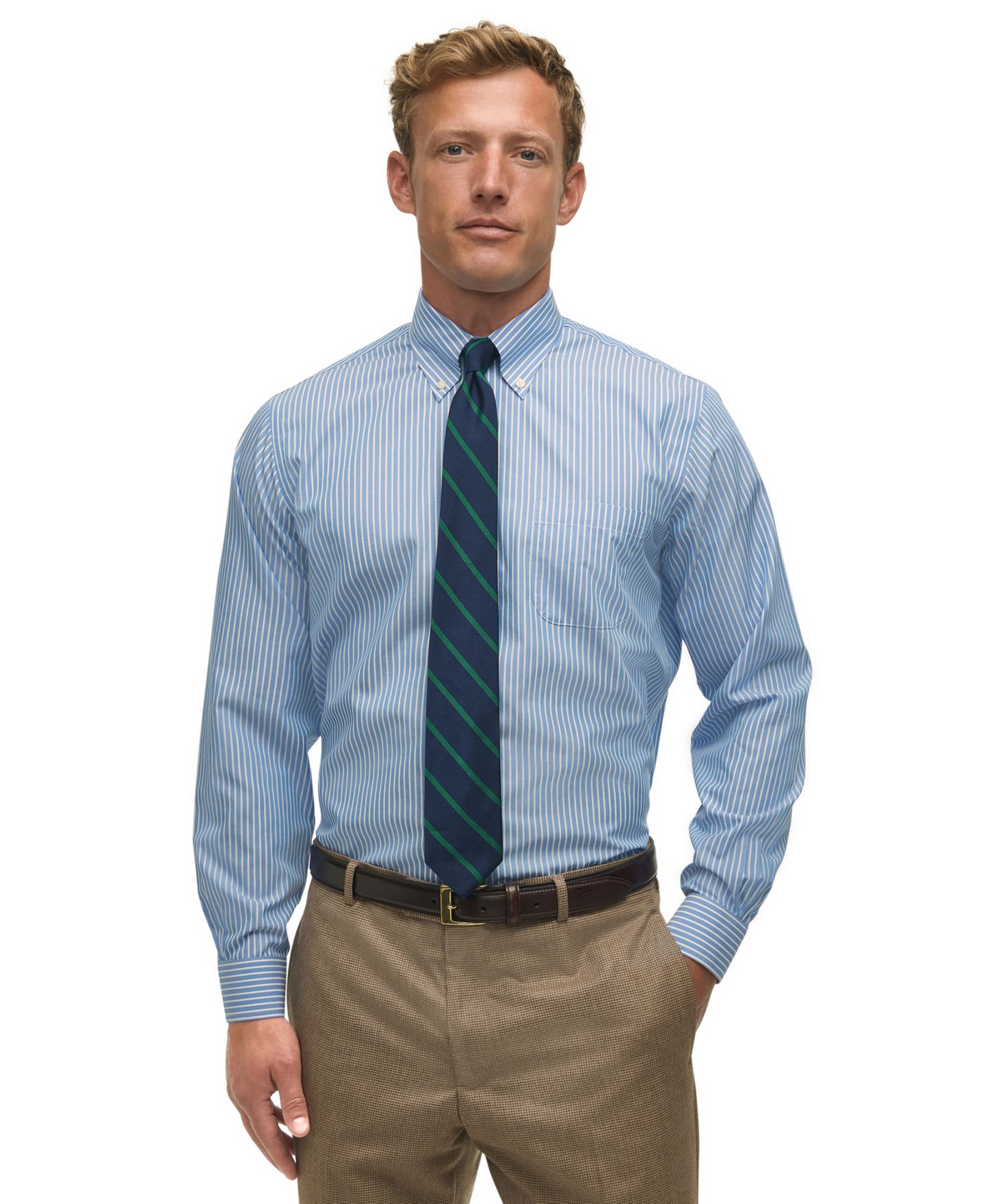 Мужские рубашки B By Brooks Brothers Regular Fit Non-Iron Polo Button-Down Thin Stripe Broadcloth Dress Shirt, цвет: Синий — фото 1