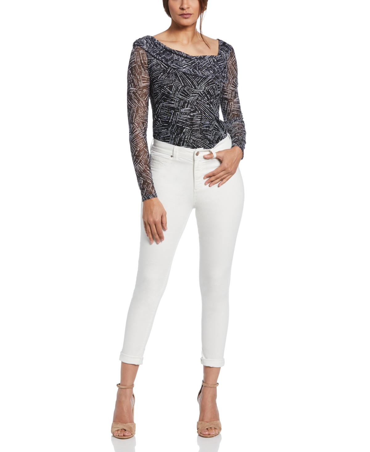 Ella Rafaella Plus Size Printed Asymmetrical Mesh Top In Black