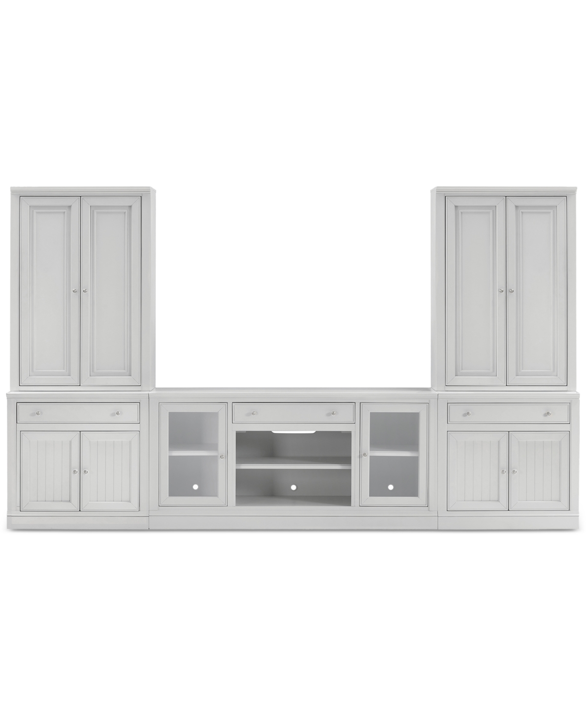 Macy's Amren 65" 2 Door Console With 2 Door Hutches And 2 Door Bases With Drawers And Fireplace Insert In White