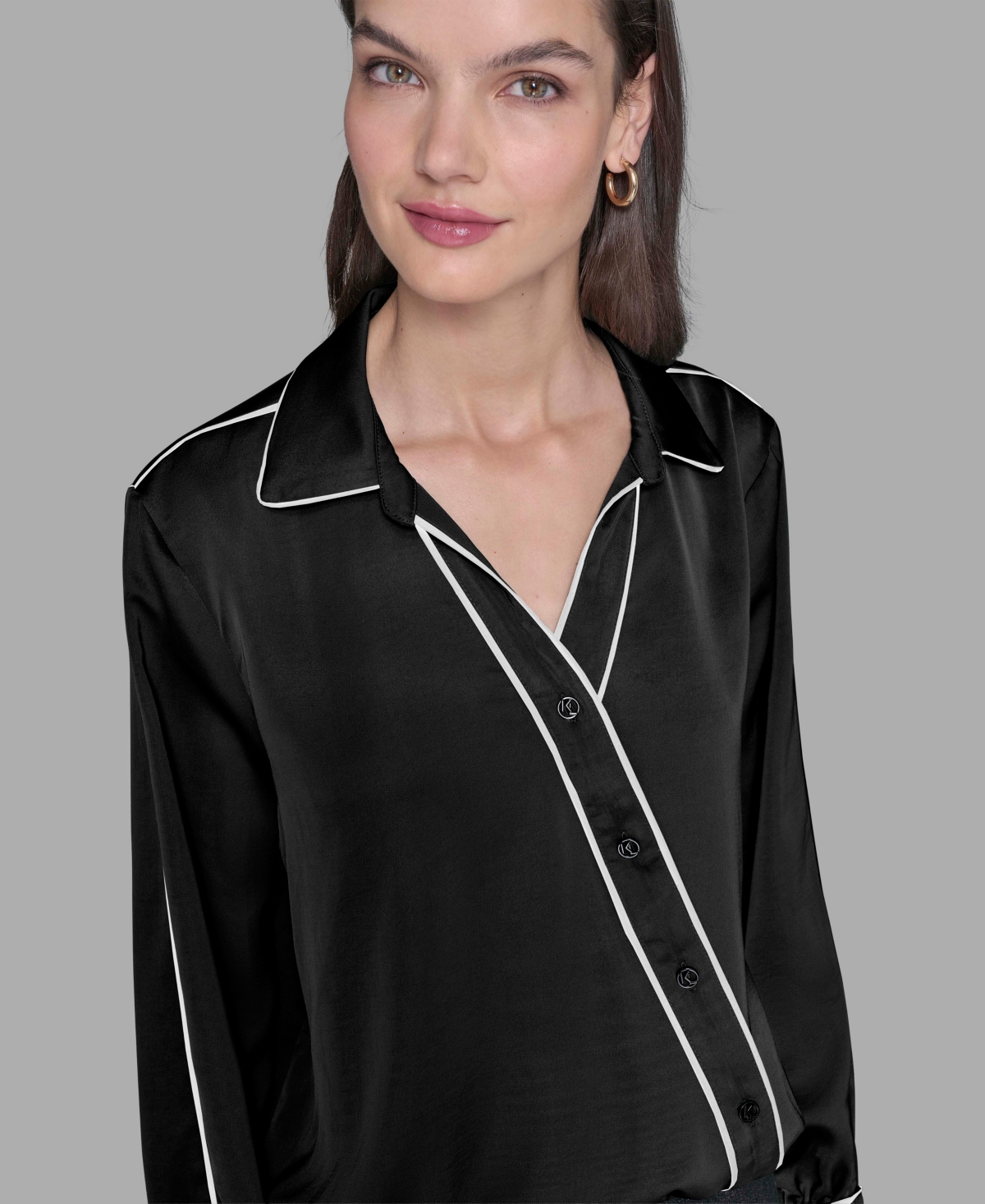Karl Lagerfeld Petite Long Sleeve Crossover Woven Blouse In Black