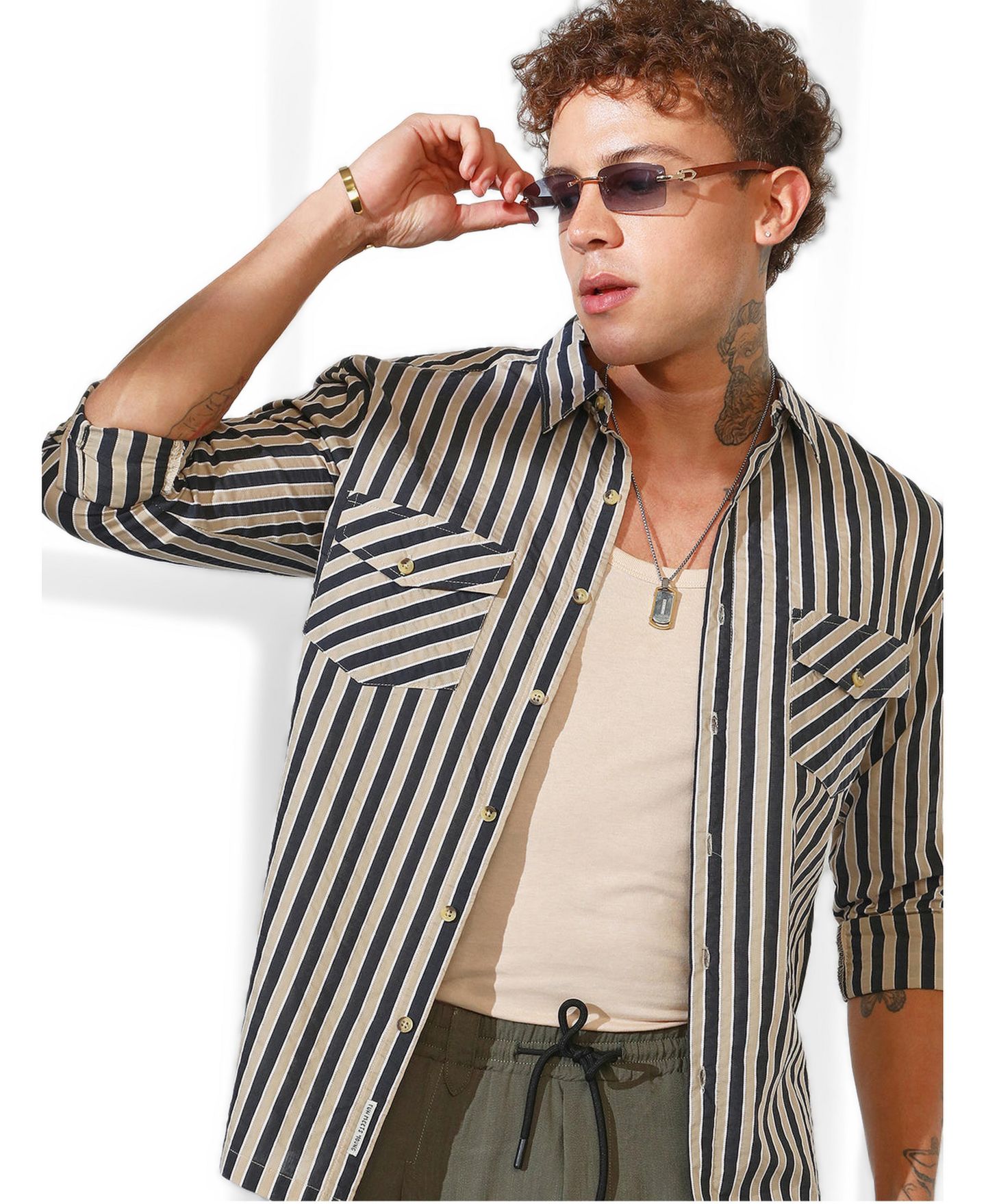 Мужская рубашка Cahoot Campus Sutra Navy Blue & Khaki Beige Candy Striped Oversized, цвет: Синий — фото 1