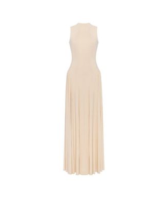 Womens Nude Sleeveless Mock Neck Dress with a Pleated Maxi Skirt
