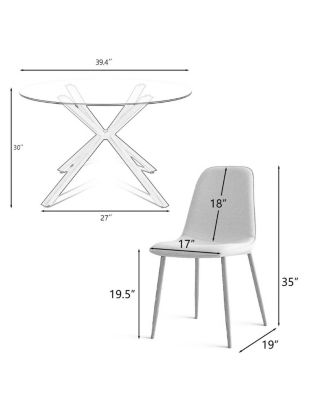 5 Piece Set 39.4 Inch Round Glass Table Upholstered Fabric Chairs Walnut Metal Legs Modern Dining Room Set