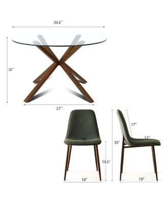 5 Piece Set 39.4 Inch Round Glass Table Upholstered Fabric Chairs Walnut Metal Legs Modern Dining Room Set