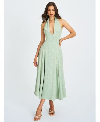 Women Magda Mint Green Deep V Neck Halter A-line Midi Dress