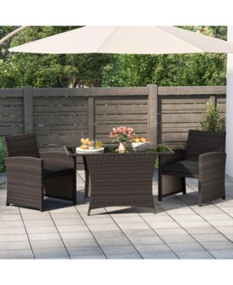 3 Piece Patio Wicker Dining Set 2 Rattan Chairs w/ Rectangle Tempered Glass Dining Table