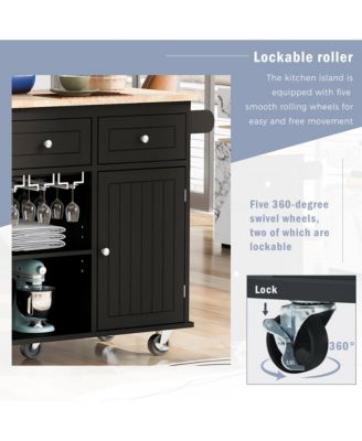 sumyeg Kitchen Island with Drop Leaf, Power Outlet, Rubber Wood Top, Rack, Open Storage, Adjustable Shelves (No Stools)