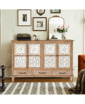 59" Chic Natural Wood Accent Storage Cabinet with 4 Doord 3 drawers