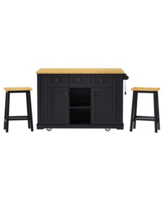 CASAINC 50" 3 Pc. Set Rubber Wood, Bamboo Drop Leaf, Power Outlet, Drawers, Racks, Bar Stools Kitchen Island