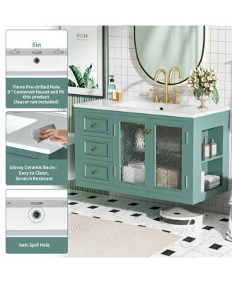 36" Wall Mounted Bathroom Vanity with Ceramic Sink and 3 Drawers, Solid Wood Frame