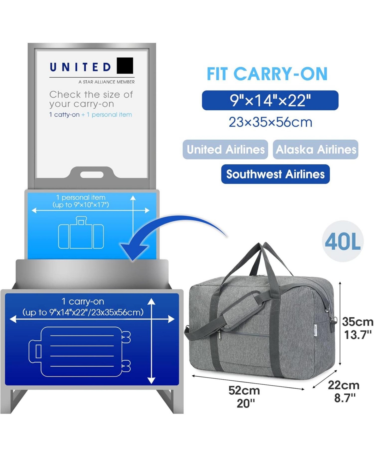 Urtala Foldable Carry on Luggage 22x14x9 Airline Approved Duffle Bag for Travel Packable Duffel Bag for Traveling Airplane for Women and Men 40L (Grey