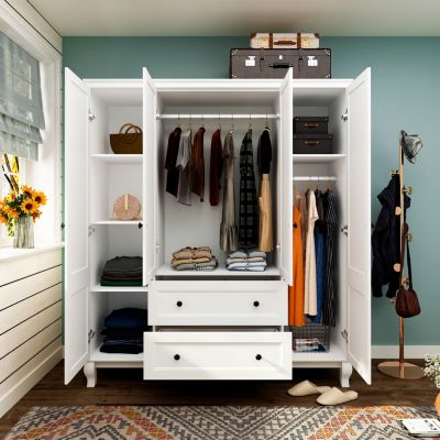 Modern Nordic style minimalist 4-door 2-drawer armoire, white wardrobe, bedroom closet