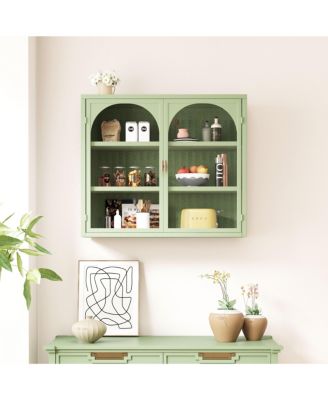 27.56" Two-Door Wall Cabinet With Glass Front and Three-Tier Storage With Woven Detail