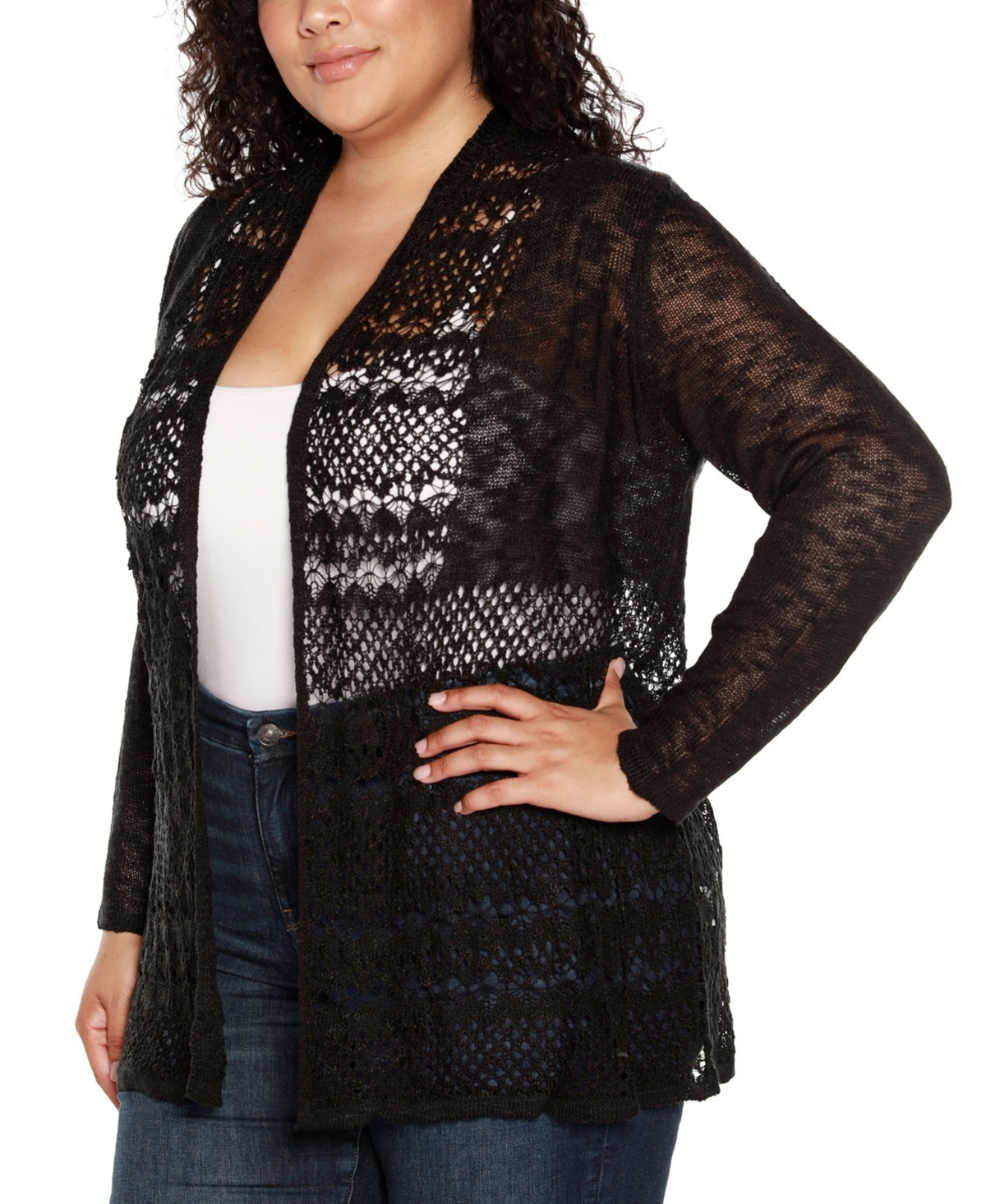 Belldini Plus Size Open-front Pointelle-trim Cardigan Sweater In Black