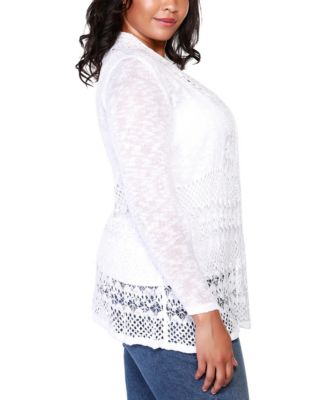Plus Size Open-Front Pointelle-Trim Cardigan Sweater