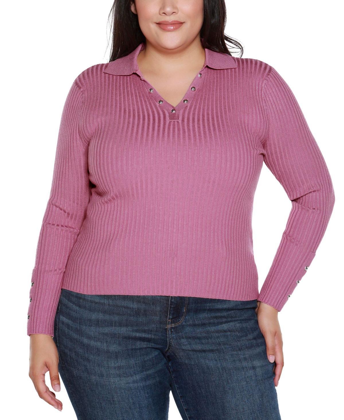 Belldini Plus Size Long Sleeve Johnny Collar Sweater In Pink