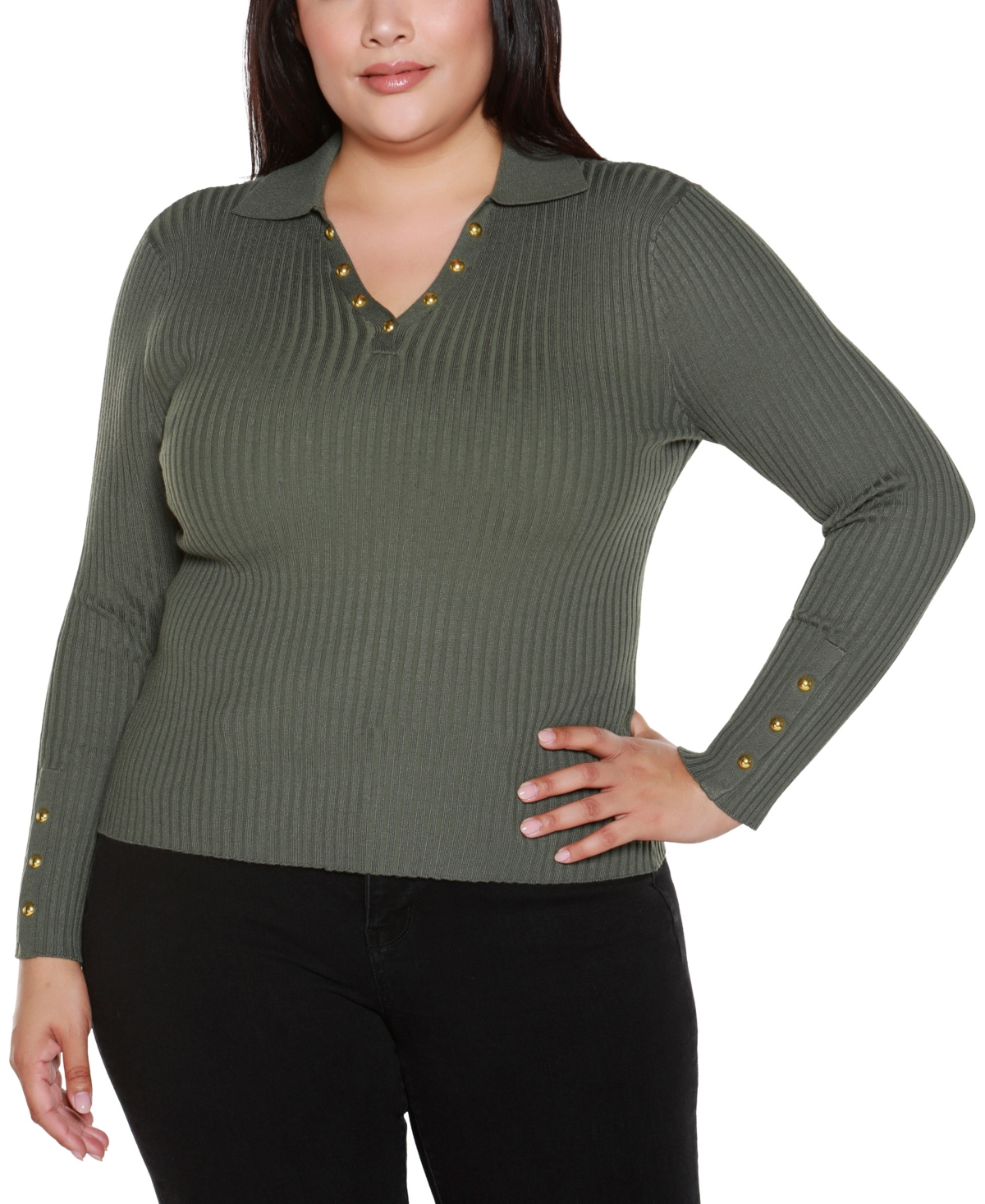 Belldini Plus Size Long Sleeve Johnny Collar Sweater In Green